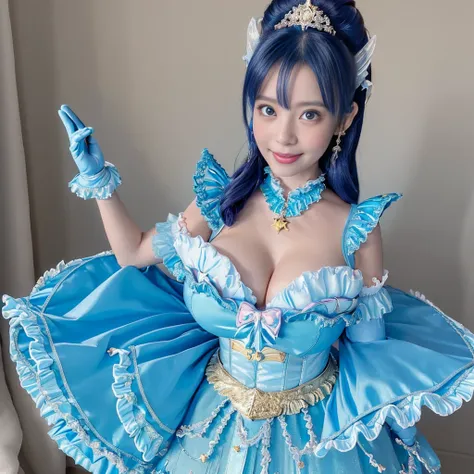 Highest quality，masterpiece，Very detailed, 8K，Beautiful Japan woman at 32 years old:1.5, Small face, (Detailed glamorous light blue and blue magical girl heroine with frilly outfit:1.5),　Ecstatic expression、　Breast Augmentation Surgery, Very detailedな臭い脇の下