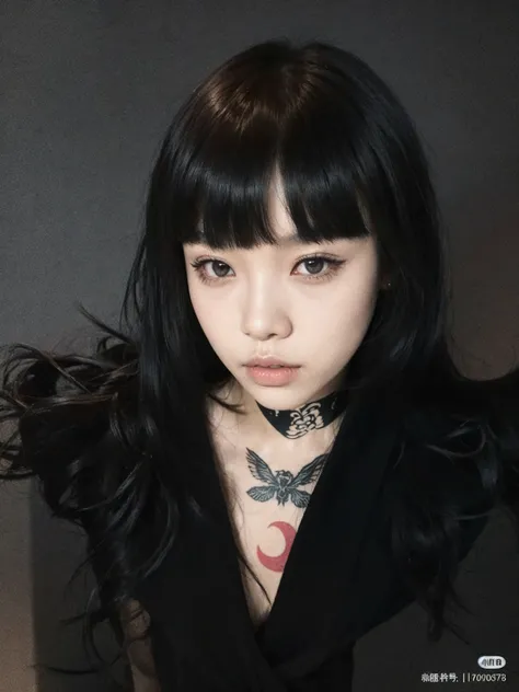 Asian woman with long black hair and tattoos, black long straigh hair with bangs, cabelo blackbangs cabelo, She has black hair with bangs, Taiwanese woman with tattoos, long hair with bangs, long hair with full bangs, long dark hair with bangs, black bangs...