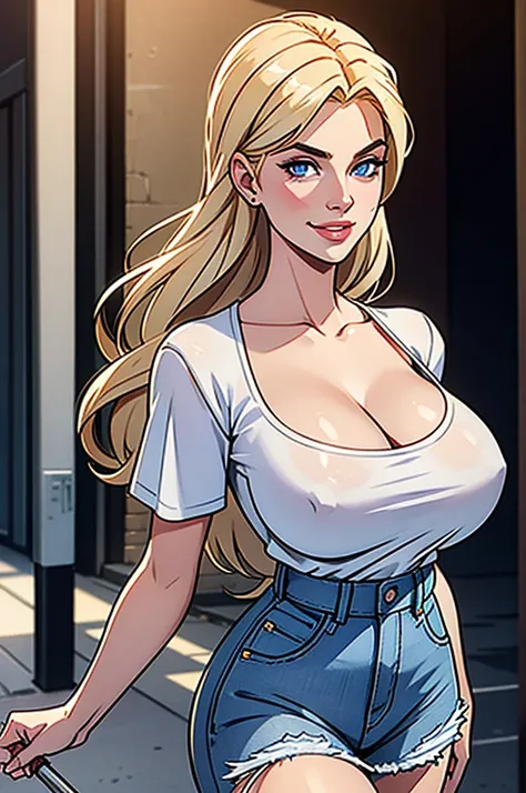 A beautiful blonde haired blue eyed woman resembling like Anna Nicole Smith, 21 years old, with an extremely humongous bust, wearing white t-shirt showing the cleavage and ripped denim mini-short, smiling, seductive and walking through the streets of Lyon,...