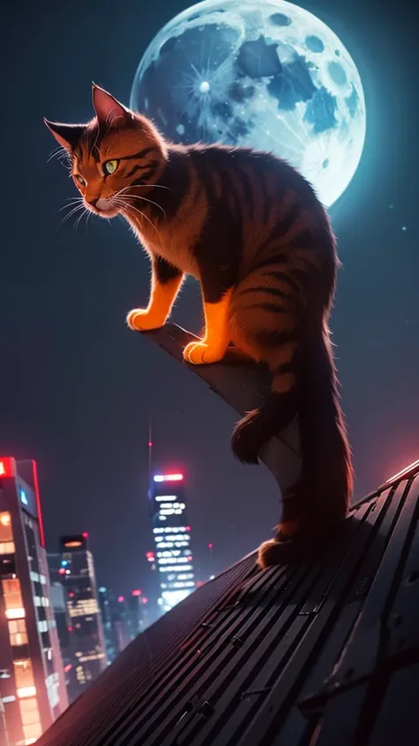 neon, cyber punk, natta, night-time, moon with strong light, orange cat, on top of a building, on the edge of the building,