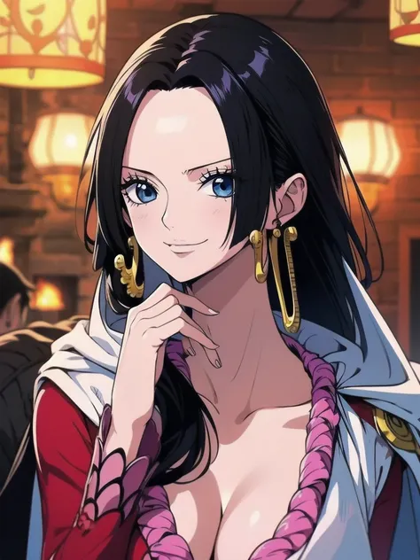 Masterpiece, Boa Hancock from One Piece, detailed face, beautiful blue eyes, small smile, wears earrings; big breasts, cleavage, loose and stylized hair, long beautiful hair, wears Boa Hancock earrings, (wears a red dress), (wears a white cape), has cleava...