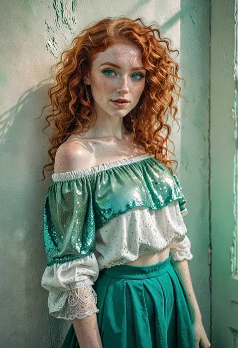 

artistic watercolor with oil tinting detailed long shot of  curly redhead woman, intricate beauty, luxurious sparkling emerald eyes, uhd, 8k, dynamic lighting, iridescent accents, realism, ultra-detailed, matte pastell colors, leaning against the wall, w...