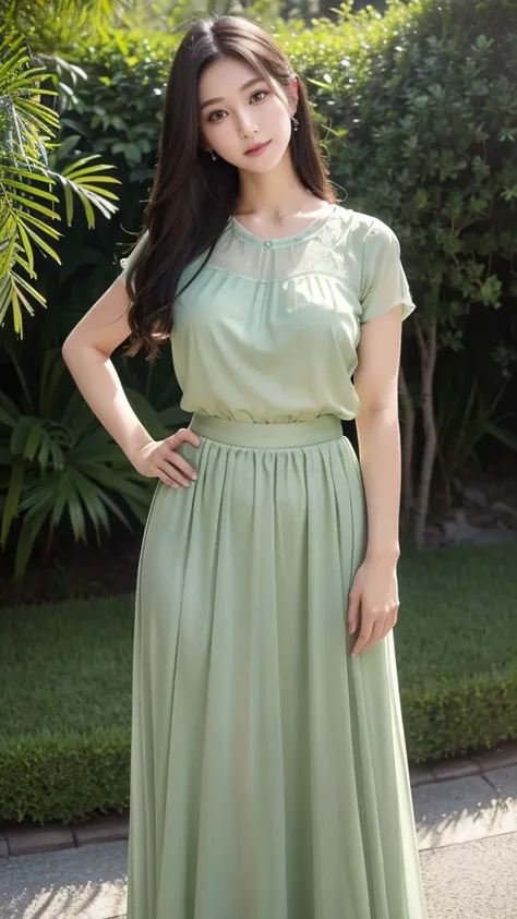 Light green maxi skirt  、Sheer blouse、(Highest quality)、((Very detailed))、4K、(8K)、masterpiece、Very detailedな、Highest quality、Super Resolution、One person、Kind Face、Soft Light、RAW quality、Soft Skin、all、Thighs、163cm、squirt