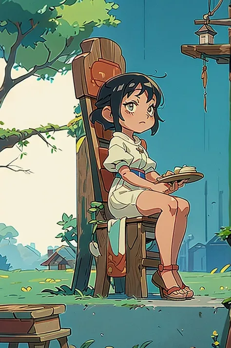 Empty village throne, wood, Ghibli studio, Retro anime style