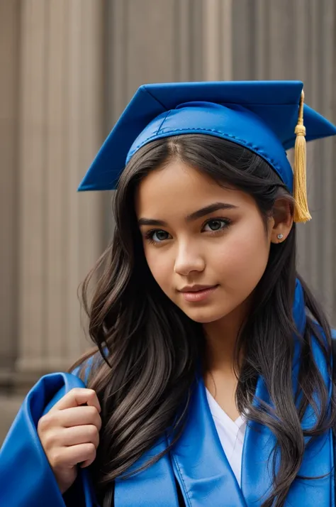 girl drawing, graduating with blue stole and blue cap