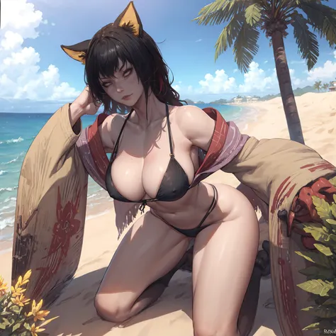 uploaded on e621, explicit content, 3d:0.8, (bastika, cutesexyrobutts, hioshiru), female, solo, kashanioh, beach setting, midday, bright sun, golden sand, crystal clear waves, palm tree, (dark black bikini), eropose, 