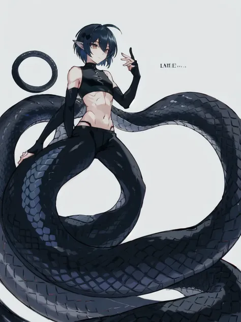 (lamia:1.0), scales, full body, emo, 1boy, black snake tail, crop top