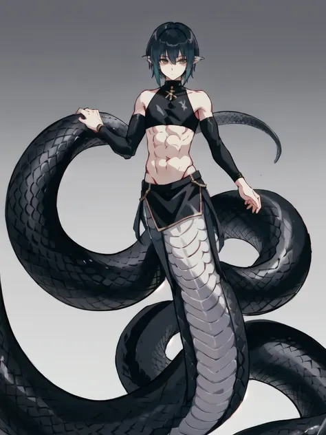 (lamia:1.0), scales, full body, emo, 1boy, black snake tail, crop top