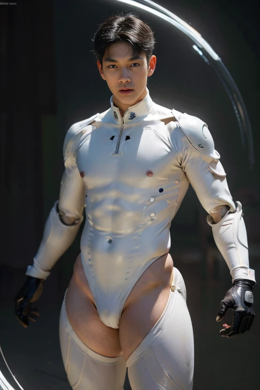 (masutepiece,High resolution,ultra - detailed:1.0),1(Boy,Robot Boy),Perfect male body,Look at the camera,Delicate eyes and delicate face,extremely details CG,Unity 8k wallpaper,intricate-detail,solo person,Detailed face, (Futuristic skin-perfect white jump...