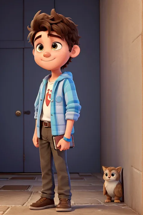 1 3 year old boy with a notebook in his hand, glad, fluffly, disney pixar 3d style