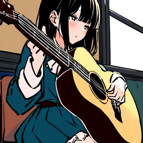 High school girl playing an acoustic guitar、Live at the cafe