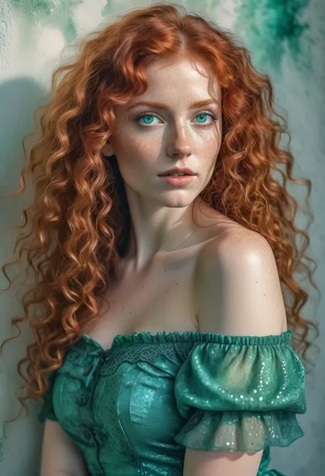 

artistic watercolor with oil tinting detailed long shot of  curly redhead woman, intricate beauty, luxurious sparkling emerald eyes, uhd, 8k, dynamic lighting, iridescent accents, realism, ultra-detailed, matte pastell colors, leaning against the wall, w...