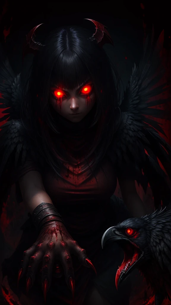 girl, glowing eyes, evil and scary, Blood red background, sneaks, claws, raven wings 