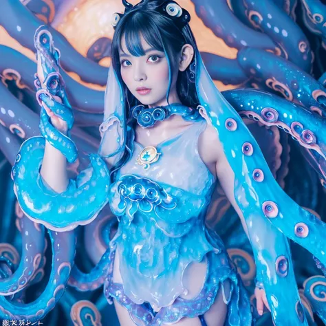 Highest quality，masterpiece，Very detailed, 8K，Beautiful Japan woman at 32 years old:1.5, Small face, Black Hair, (Detailed glamorous light blue and blue magical girl heroine in jelly-like tentacle costume:1.5),　Very pleasant look、　Breast Augmentation Surge...