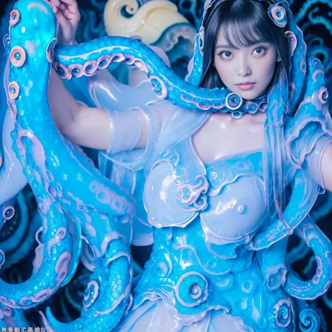 Highest quality，masterpiece，Very detailed, 8K，Beautiful Japan woman at 32 years old:1.5, Small face, Black Hair, (Detailed glamorous light blue and blue magical girl heroine in jelly-like tentacle costume:1.5),　Very pleasant look、　Breast Augmentation Surge...