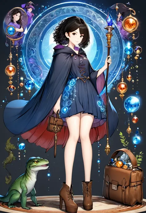 Uma bela witch no estilo do Studio Ghibli, 1.55 tall, 16 years old, average black hair length, light brown eyes, skin fair, wearing a knee-length transparent blue dress, meias pretas e marrom escuro booties, a black and cinnamon cloak brown bag and a magic...