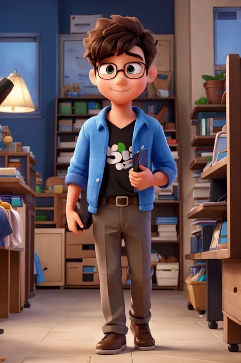 1 young student with a computer in his hand, glad, fluffly, disney pixar 3d style