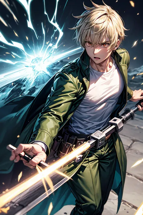 Describe an intense scene from a manga/manhwa where a male character is in the middle of an attack or using a special ability. He has a fierce and determined expression, with eyes glowing red, while holding a shovel with both hands. A magical green aura em...