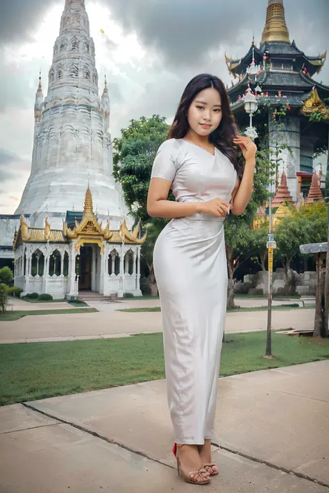 arafed asian woman in a satin dress standing in front of a crowd, (((full body view:2))), ((pretty lady MoonLay:1.2)), (pretty lady MoonLay), ((((pretty lady MoonLays innocent cute face and cute small smile:1.3)))), (random people walking), ((wearing Myanm...