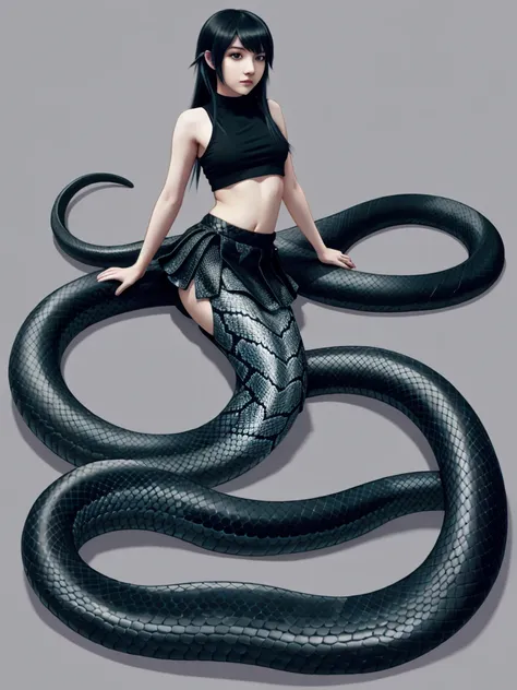 (lamia:1.0), scales, full body, emo, 1boy, black snake tail, crop top, skirt, cute