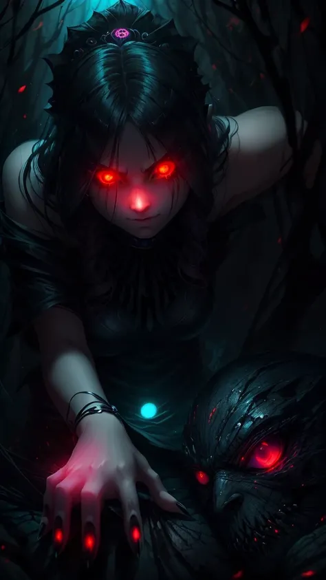 girl, glowing eyes, evil and scary, красный фон, крадется, когти, крылья ворона 