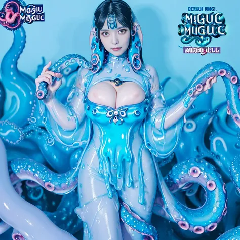 Highest quality，masterpiece，Very detailed, 8K，Beautiful Japan woman at 32 years old:1.5, Small face, Black Hair, (Detailed glamorous light blue and blue magical girl heroine slime-like tentacle costume:1.5),　Very pleasant look、　Breast Augmentation Surgery,...