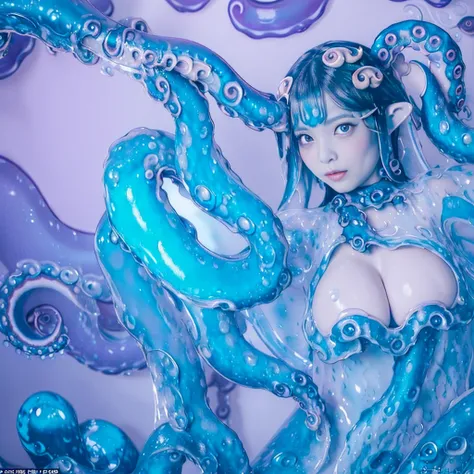 Highest quality，masterpiece，Very detailed, 8K，Beautiful Japan woman at 32 years old:1.5, Small face, Black Hair, (Detailed glamorous light blue and blue magical girl heroine slime-like tentacle costume:1.5),　Very pleasant look、　Breast Augmentation Surgery,...