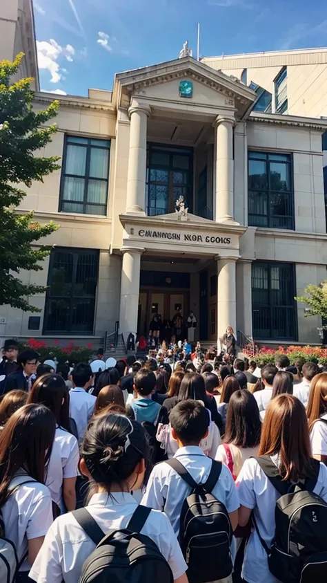 A mixed school and the students gathered in front of the school  