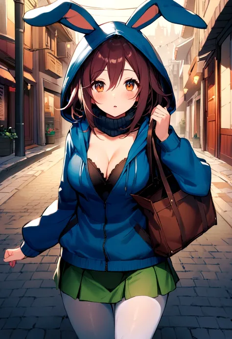 (((pixel perfect, Detail Perfect))), Solo, 1girl in, adult, medium breasts, Yoshino Himekawa, hoods, rabbit hoods, Looking at Viewer, Parted lips，Red muffler、Blue hoodie，Green mini skirt，cleavage, White tights，brown short boots，carrying a bag on his back，I...