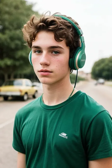 A 16 year old white boy with a sharp jaw and some freckles with slightly short hair.., Slightly messy wavy hair and green eyes... Height of 1.85 con un estilo de los 80s, a daring look, with headphones 