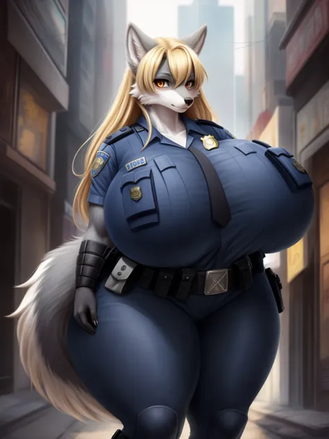  (8K, Masterpiece, high resolution, super fine illustration:1.3), (cool, beautiful, mannish:1.65), fluffy, perfect anatomy, detailed background, (solo, silver fur, 1 female wolf kemono:1.5), (long hair), (blonde hair:1.25), at big city, (police uniform:1.5...