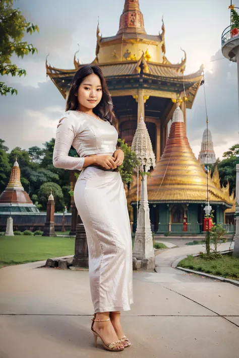 arafed asian woman in a satin dress standing in front of a crowd, (((full body view:2))), ((pretty lady moonlay:1.2)), (pretty l...