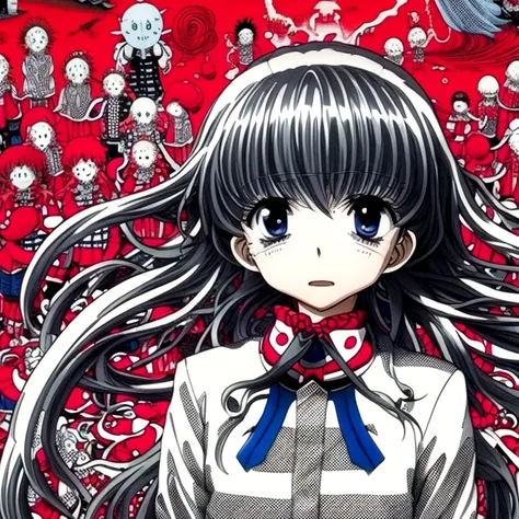 close-up, surreal, a shintaro kago, a school girl, horror anime, horror manga, surrealism etc