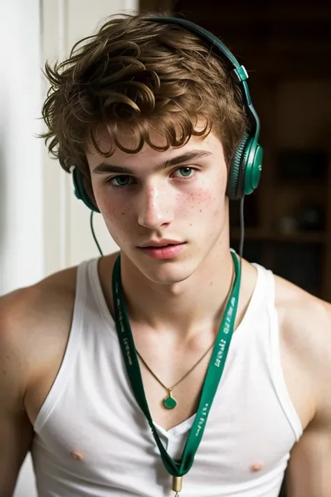 A 16 year old white boy with a sharp jaw and some freckles with slightly short hair.........., Slightly messy wavy hair and green eyes........... Height of 1.85 with a classic style, with a seductive look with headphones, more seductive, mas sexy, MUCH MOR...