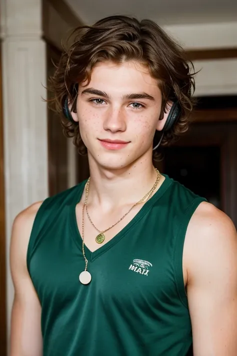 A 16 year old white boy with a sharp jaw and some freckles with slightly short hair.............., Slightly messy wavy hair and green eyes............... Height of 1.85 with a classic style, with a seductive look with headphones, more seductive, mas sexy, ...