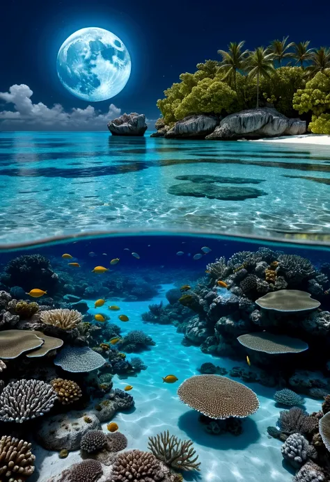 crystal clear lagoon, coral reefs. blue moon, moon luminism, Fantastic Realism, complex background, highly detailed intricated, night, very crystal-clear water, turquoise blue sea, tranquil, peaceful, dreamy, fantasy, unforgettable, unique experience, roma...