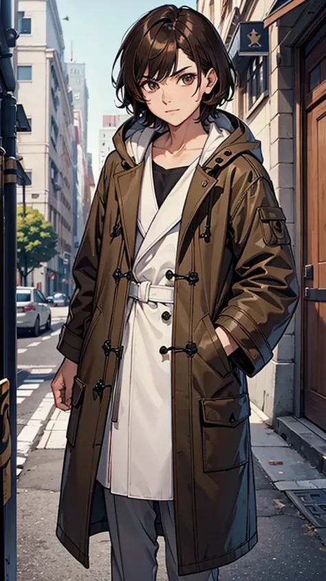 male, robes parka coat, short brown hair, brown eyes 8k ultra reality