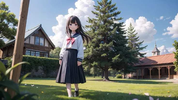 (masterpiece),  town,  blue sky,  One Girl,  smile,  alone,  Sailor suit、Long skirt,  Overgrown,  petal,  plant、Skirt lining、Translucent slip、Nostalgic