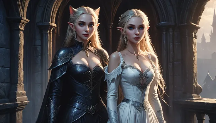 arafed a picture of elf vampire in her castle and her pet epic cat an exquisite beautiful female elf vampire (ultra details, mas...