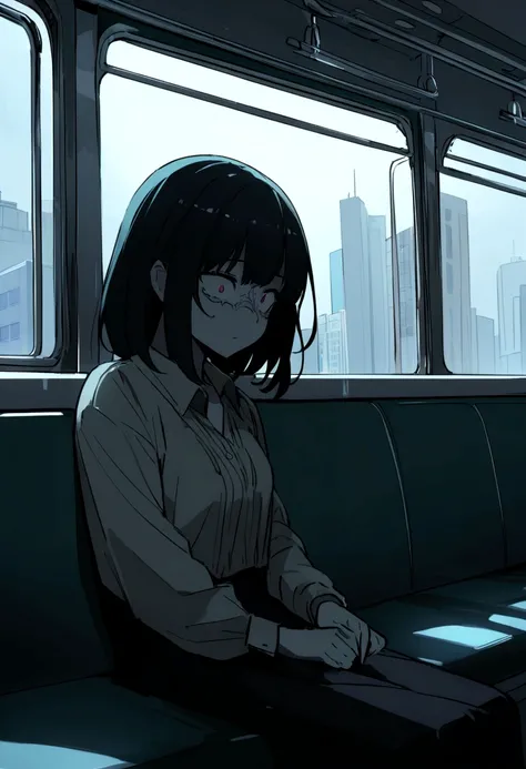 A woman with a mysterious face on a train、Yamanote Line、Super high quality、Psychological horror