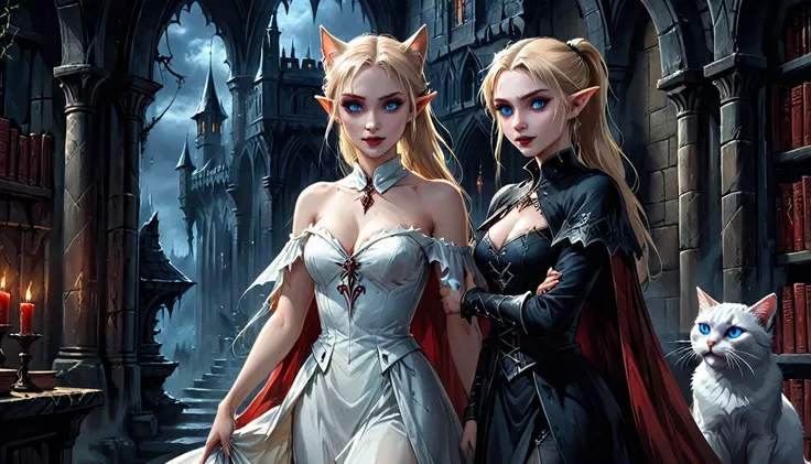 arafed a picture of elf vampire in her castle and her pet epic cat an exquisite beautiful female elf vampire (ultra details, mas...