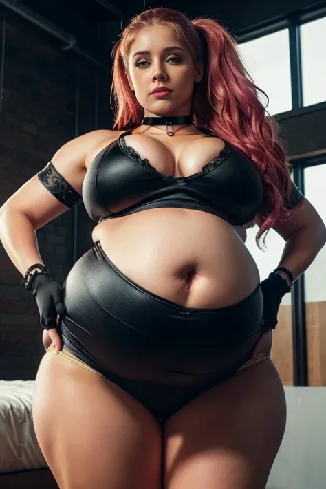 A hot Pam Beesley, pink hair, long wavy curly hair style, voluptuous, plump, pregnant belly, (wearing a highly detailed cheerleader crop top and cheerleader skirt1.3), looking at the viewer, close up pov), chubby, big bust, locks eyes into the camera, symm...