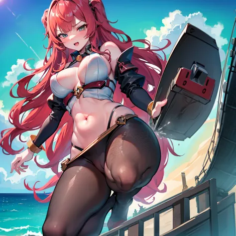 Giantess appears from underwater in front of a giant cruise ship, the cruise ship looks very small in front of her because it is giant, she is naked, she has red hair and white skin, she has small breasts but very sexy legs and her body is very curvy. Godd...