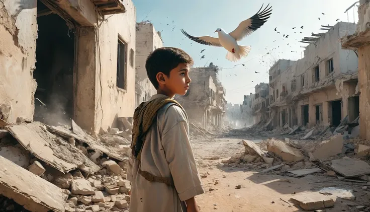 Create a touching and informative cover for the music video cover, featuring a realistic depiction of a tear-filled Palestinian boy in worn and damaged traditional clothing. The background should show a war-torn landscape with destroyed buildings and smoke...