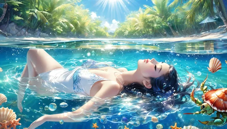 Beautiful woman floating on clear sparkling shallow water。She is wearing a white seashell bikini、The sunlight reflects off the water surface。Water shallow white sand、The seawater is clear and vibrant in colours of blue and green.、Shells and crabs are scatt...