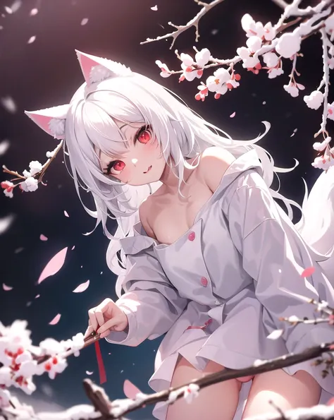 white hair, cat ears, red eyes, cherry blossoms, naked, snow