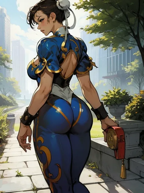 ((Chun li)),a girl in a strolling park,((best quality)), ((art)), (detailed), perfect face, ((big ass))