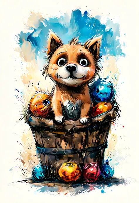 striking colorful painting of cute drawing of a  in a wicker basket, sofa, pillows, highy detailed,  8K,   Spitz,  proffesional, clearing,   hight contrast, crystal clearing