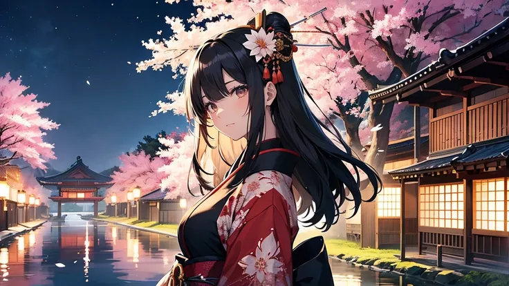 A vertical illustration of Ono no Komachi, a renowned Japanese poet from the Heian period. She is depicted in traditional Heian period attire, with long, flowing, straight black hair. Her kimono is elaborately decorated with intricate patterns in bright co...