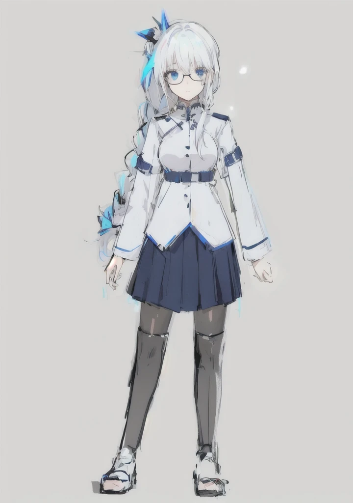 anime girl, white hair, one braid, black skirt, blue eyes, open shoulders, cyberpunk, round glasses,